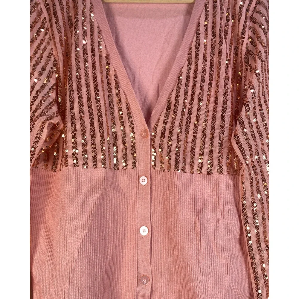 Venus Womens XL Pink Rose Gold Sequin Stripe Button‎ Front Cardigan Sweater NWOT